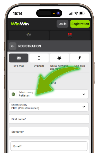 Filling registration form: country, PKR currency, full name, and email